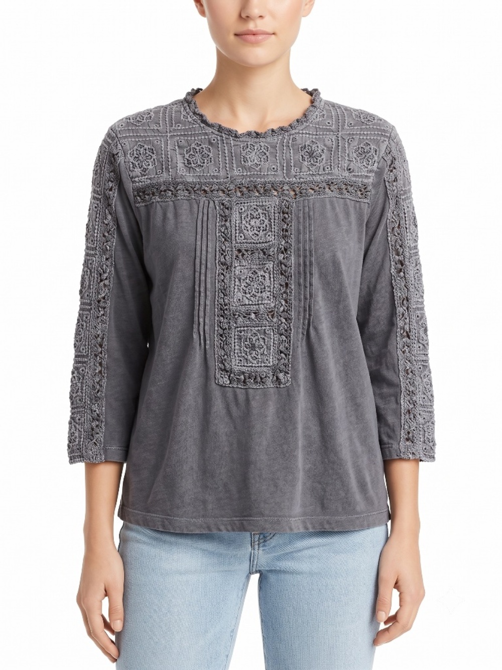Lucky Brand Embroidered Lace Gray Blouse Top Womens Medium Boho Crochet Keyhole